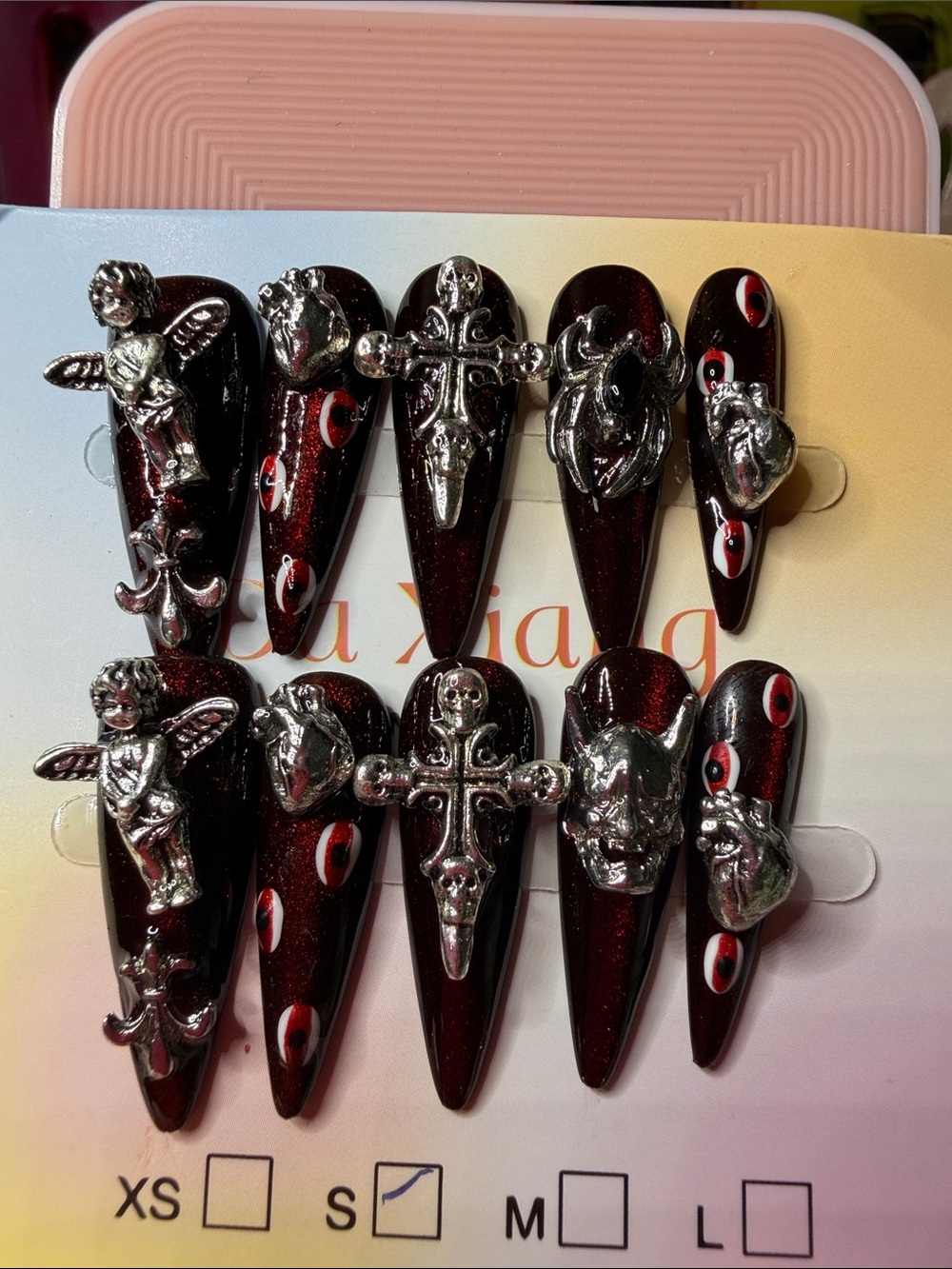 Dark Red & Black Gothic Stiletto Press-On Nails with Silver Charms